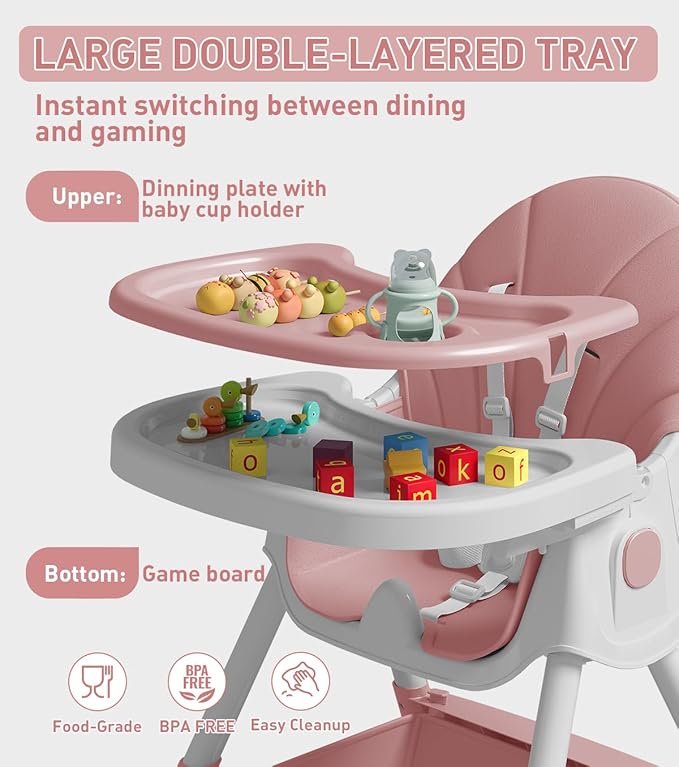 Baby High Chair, 5 in 1 High Chairs for Babies and Toddlers, Travel Foldable High Chair with Detachable PU Cushion, Double Removable Tray, Adjustable Height & Recline, Locking Wheels (Pink)