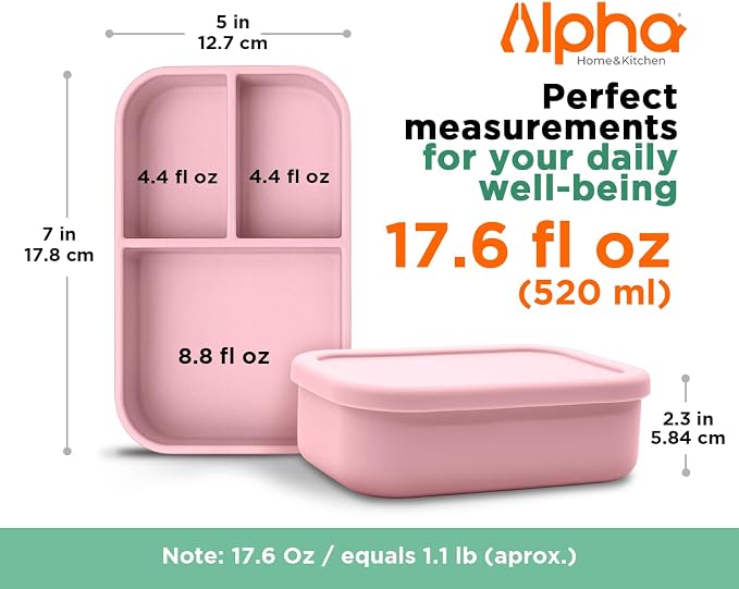 Silicone Bento Box for Kids, 3 Compartment Lunch Box, Small Portions, BPA Free Snack Container, Leak Resistant, Easy to Clean, Dishwasher Safe