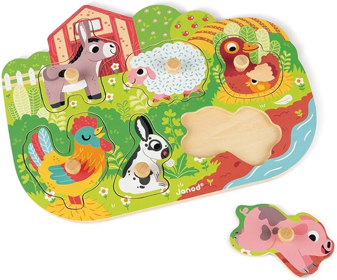 Janod 6 Piece Colorful Happy Farm Wooden Knob Puzzle - Ages 18 Months+ - J07096
