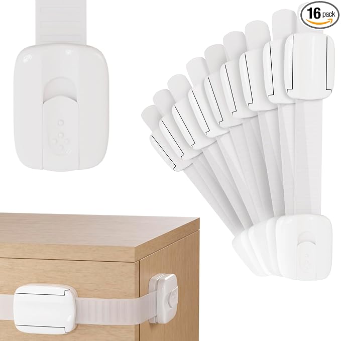 16 Pack of Child Safety Strap Locks 7.5 Inch. Child Safety Cabinet Locks. Adjustable Child Locks for Cabinets No Drilling. Self-Adhesive Drawer Locks for Furniture, Kitchen, Toilet
