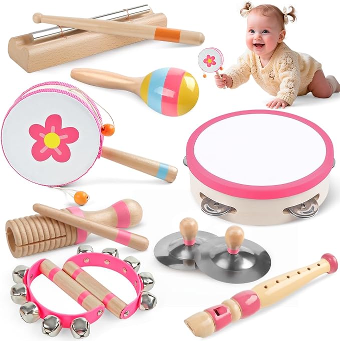 Toddlers Musical Instruments for 1 2 3 Year Old Girl,Baby Montessori Wooden Musical Toys for Toddlers1-3 Year Old,Kids Musical Toy for Preschool,Christmas Birthday Gift for Baby Girls (Pink 8 in 1)