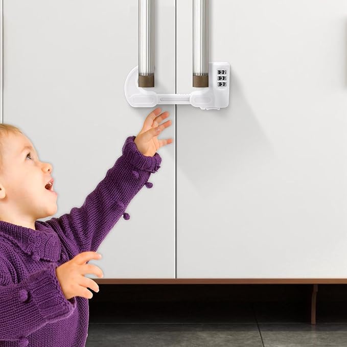 4 Pack U-Shaped Cabinet Locks with Combination Baby Proofing Cabinet Lock Child Proof Sliding Cabinet Door Locks Adjustable Drawers Cupboard Locks Baby Safety Cabinet Latches for Knob Handle (White)