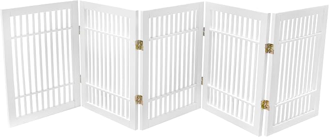 Urnporium Pet Dog Gate Freestanding, Strong Durable Folding Wooden Fence, Portable Acacia Hardwood Safety Barrier for Indoor & Outdoor Use (White Pet Gate, 5 Panel 24" Tall)