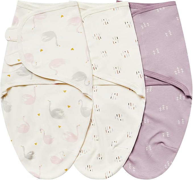 insular Baby Swaddle Wrap, Swaddle Blanket for Newborn and Infant, Adjustable Velcro Swaddling Set for Boy and Girl, Soft Cotton Baby Sleep Sack 3 Pack, Beige Swan, Medium(3-6 Month)