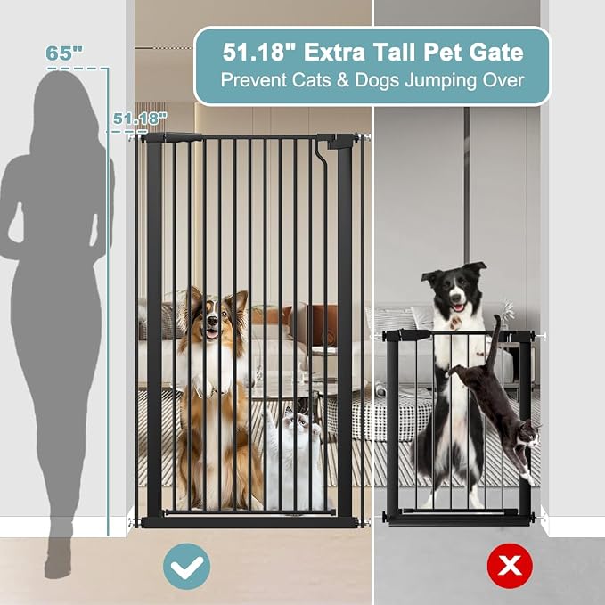 51.18" Extra Tall Pet Gate for Cats Dogs-29.6"-48.4" Extra Wide Baby Cat Gate for Stairs and Doorways-1.37" Ultra Narrow Spacing Dog Gate Dog Door with One-Handed Operation(29.6"-48.4")