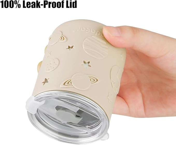 PandaEar 2 Pack Stainless Steel Cups with Lids & Silicone Sleeves | 8.8 oz Spill Proof Sippy Cups with Straw Stopper & Teething-Friendly Straws for Kids Children Ages 3+ (Beige & Khaki)