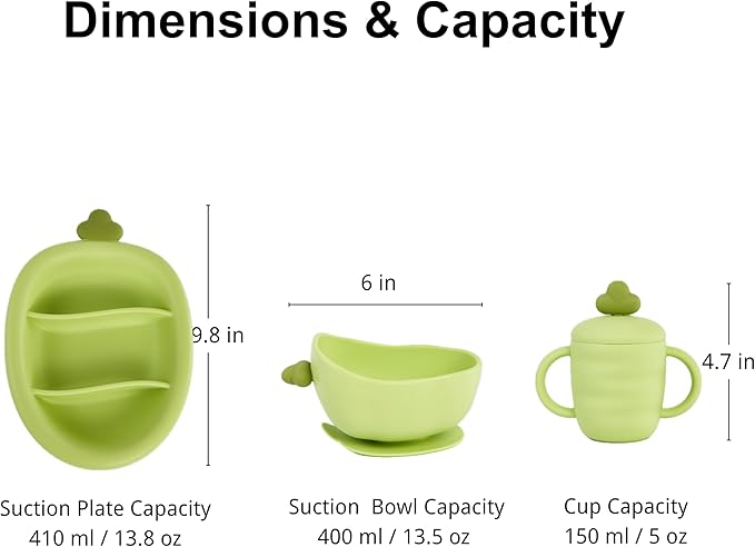 Silicone Baby Feeding Gift Set ??Suction Plate, Bowl, Training Cup, Fork, Spoon & Bib (6-Piece) (Green)