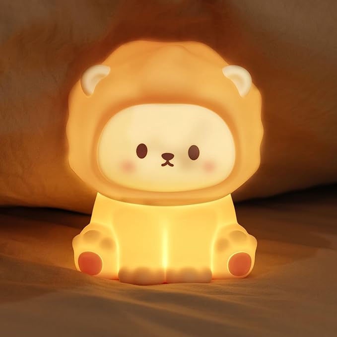 Lion Kids Night Light, Rechargeable Silicone Toddler Night Light with Tap Control, Soft Anti-Glare LED Nursery Lamp, 1200mAh Portable Bedside Lamp for Baby Room Decor