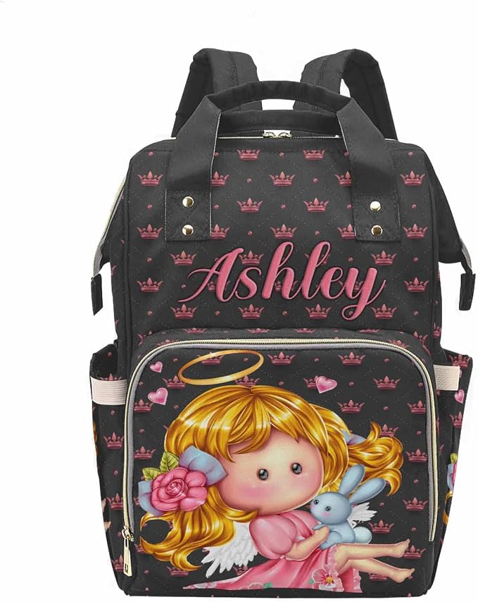 M YESCUSTOM Customized Travel Nursing Nappy Bag Pink Crown Print Shoulder Bag Waterproof Casual Daypack Travel Backpack for Mom (Black)