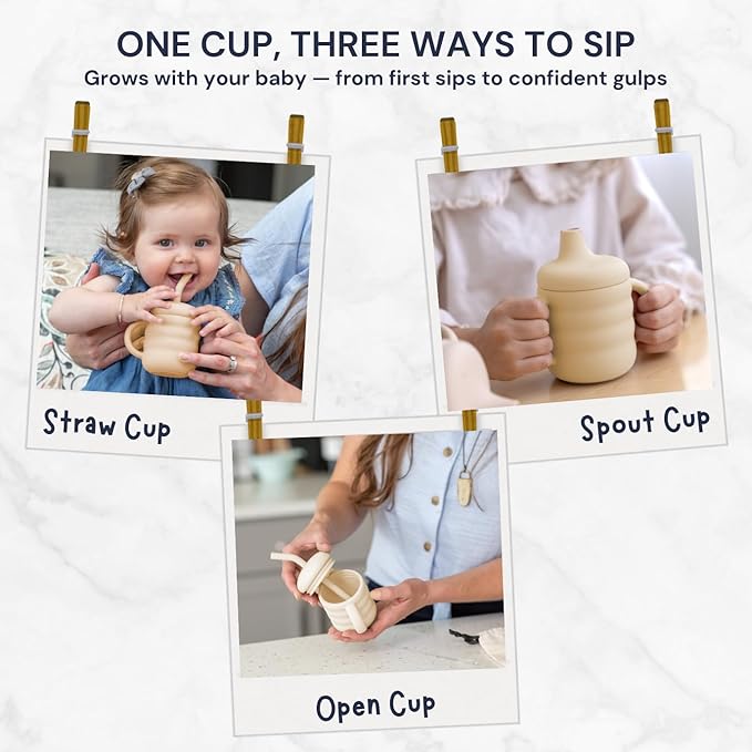 Vaanshie Silicone Baby Sippy Cups | Straw Cup Baby | Toddler Cup with Straw | 3 Stages Training Cup for Infants Toddlers and Kid, 5.4 oz (Beige)