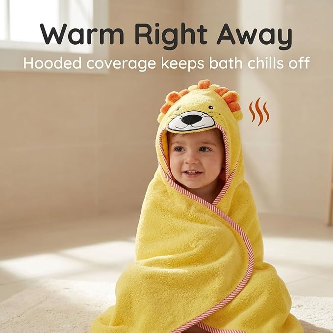 EVERYDAY KIDS Hooded Baby Toddler Bath Towel for Boys and Girls - 3D Yellow Lion with Mane; Soft and Absorbent Terry Cloth Hooded Towel for Young Kids; Gender Neutral Baby Bath Essential