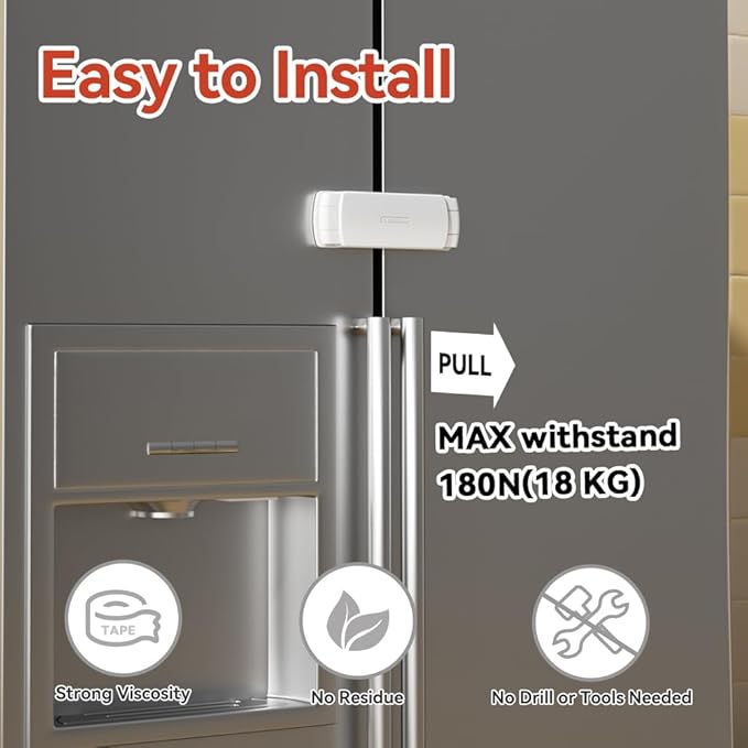 EUDEMON 2 Pack Latest French Fridge Lock French Door Refrigerator/Freezer Lock Apply to Max 3.54"(90mm) Two Door Gap Distance for Kids & Babies,Easy to Install no Tools Need or Drill (White)