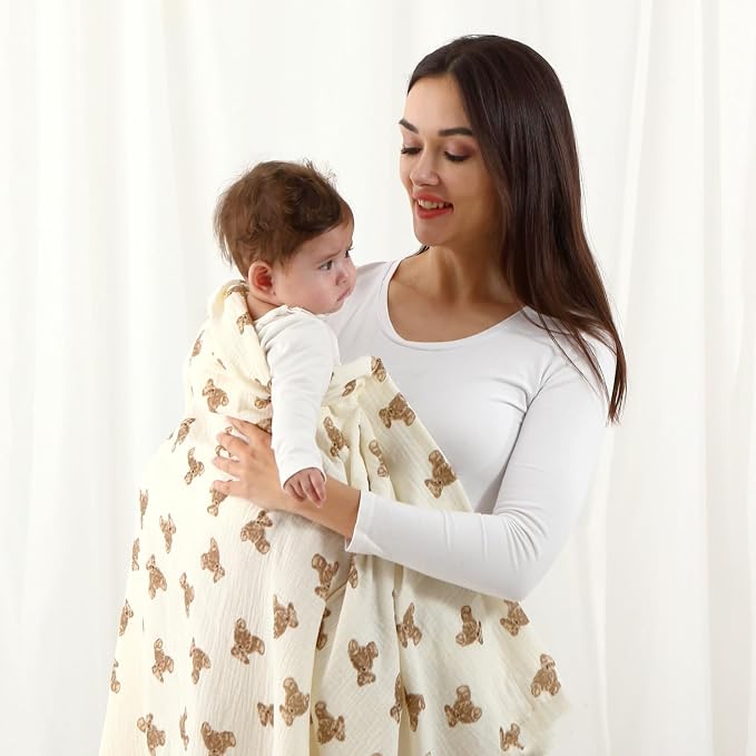 insular Muslin Swaddle Blankets for Boys Girls, 2 Pack Receiving Baby Blanket Large 47 x 47 inches, Soft Breathable Swaddling Wrap for Unisex Newborn, Teddy Bear&Khaki