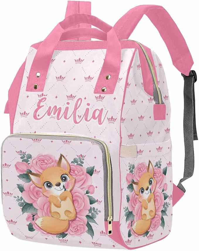 M YESCUSTOM Customized Pink Crown Diaper Bag with Name Christmas Gift for Mom, Custom Cute Fox On Pink Roses Mommy Nursing Daypack Lovely Multifunction Travel Backpack