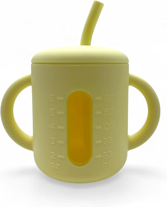Silicone Straw Cup For Toddlers - Sippy Cup For 6 Month Old - Baby Straw Sippy Cup And Extra Snack Lid - Infant Training cups (Yellow)