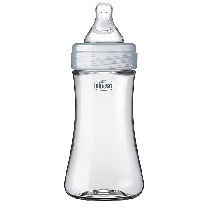 Chicco Duo 9oz Hybrid Baby Bottle, Real Glass Inside, Lightweight Plastic Outside, Patented Invinci-Glass Technology, Intui-Latch Nipple, Clear/Grey