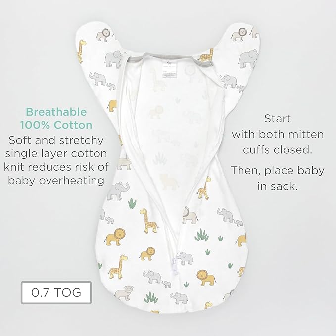 Amazing Baby Transitional Swaddle Sack, Arms Up Half-Length Sleeves & Mitten Cuffs, Swaddle for Newborn Transition to Baby Sleep Sack Wearable Blanket, Small, 0-3 Month, 6-14 lb, On Safari