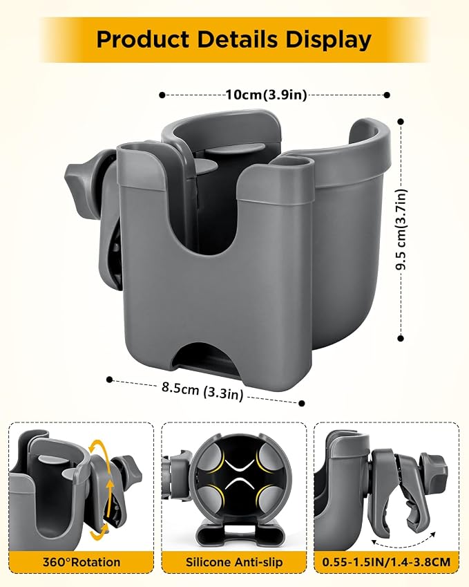 Universal Stroller Cup Holder with Mobile Phone Case, 2-in-1 Strollers Storage Rack, 360 Degrees Rotation Drink Holder for Bike, Pushchair, Wheelchair, Walker,Bicycle, Fits Most Cups (Gray)