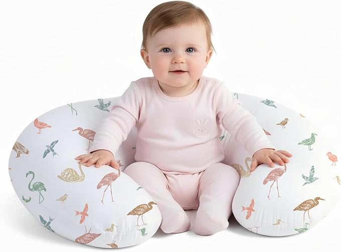 Little Grape Land Nursing Pillow for Breastfeeding, Ergonomic Feeding Pillow with Removable Cover, Baby Feeding Pillow with Hidden Zipper Guard and Supportive Breathable Filling, Birds, Original