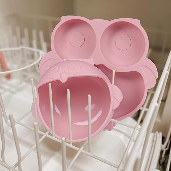Owl Shape Silicone Baby Feeding Set, Toddler Suction Plates and Bowls Set with Spoons, Kids Silicone Dinnerware Set Eating Utensils, Pink