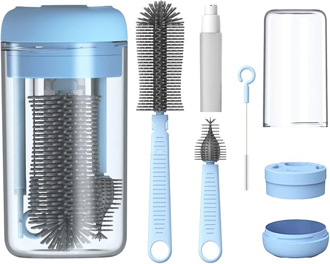 Travel Bottle Cleaner Kit, Silicone Baby Bottle Brush Set with Bottle Brush, Drying Rack, Nipple Brush,Straw Brush,Soap Dispenser, Portable Baby Bottle Brush Cleaner for Home and Travel,Blue
