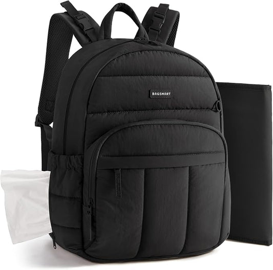 BAGSMART Diaper Bag Backpack, Multi-Pocket Puffy Diaper Bag with Waterproof Changing Pad, Lightweight Stroller-Friendly Diaper Bag with Insulated Pockets, Easy-Access Baby Essential, Black