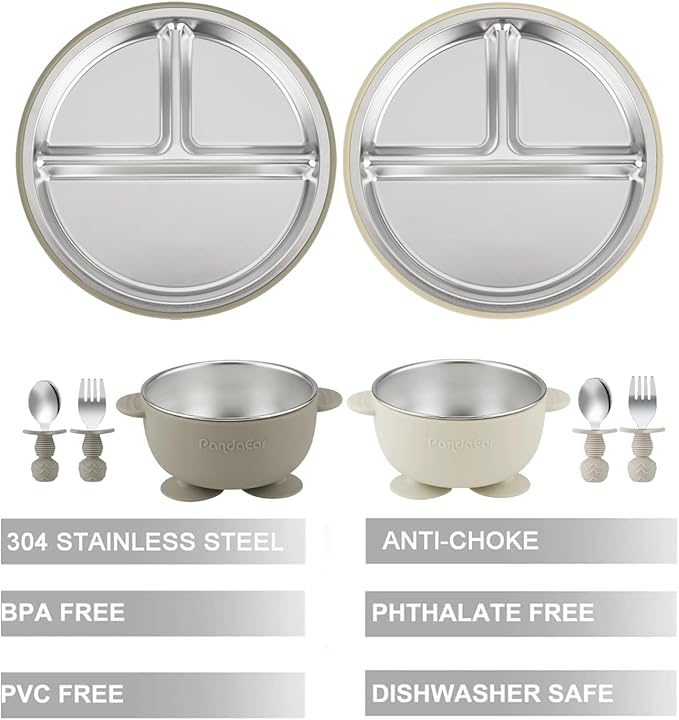PandaEar 8PCS Baby Feeding Set | Stainless Steel Suction Plates and Bowls with Silicone Fork and Spoon Utensils | Baby Led Weaning Tableware for Toddlers & Kids (Tan & Walnut)