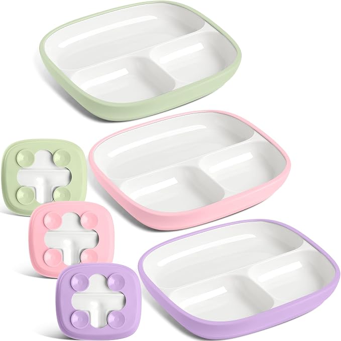 Domensi 3 Sets Kids Porcelain Plates with Silicone Sleeves 8.2 Inch Divided Porcelain Plate Toddler White Suction Dishes for Baby Troubleless Eating Microwave Dishwasher Safe (Classic)