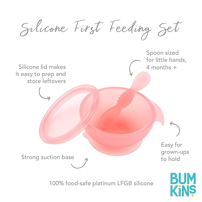 Bumkins Feeding Set with Suction, Includes Spoon and Lid, Training Essentials for Baby-Led Weaning, Toddler Self-Feeding, Babies Eating at 4 Mos Up, Pink Jelly
