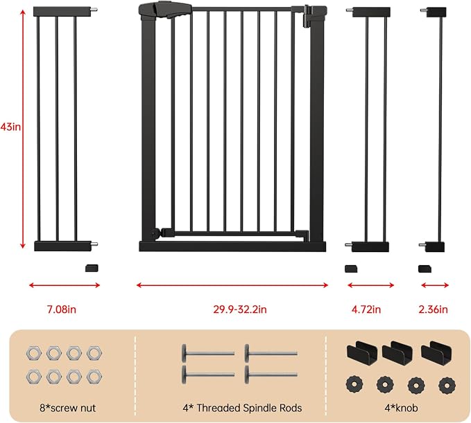 Fldofaves 42" Extra Tall Pet Gate for Cats and Dogs, Fits 29.5"-46" Wide Openings, Pressure Mounted Auto Close Cat Gate with Ultra Narrow Bar Spacing for Doorways, Stairs, Hallways(Black)