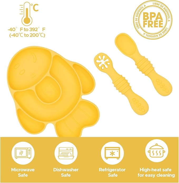 BabyX Baby Silicone Feeder Set, 3-pcs Golden-Fish-themed Baby Plate with Suction, Spoon and Fork for Babies Toddler Kids, BPA-Free, Baby Utensils Feeding Supplies, Microwave and Dishwasher Safe