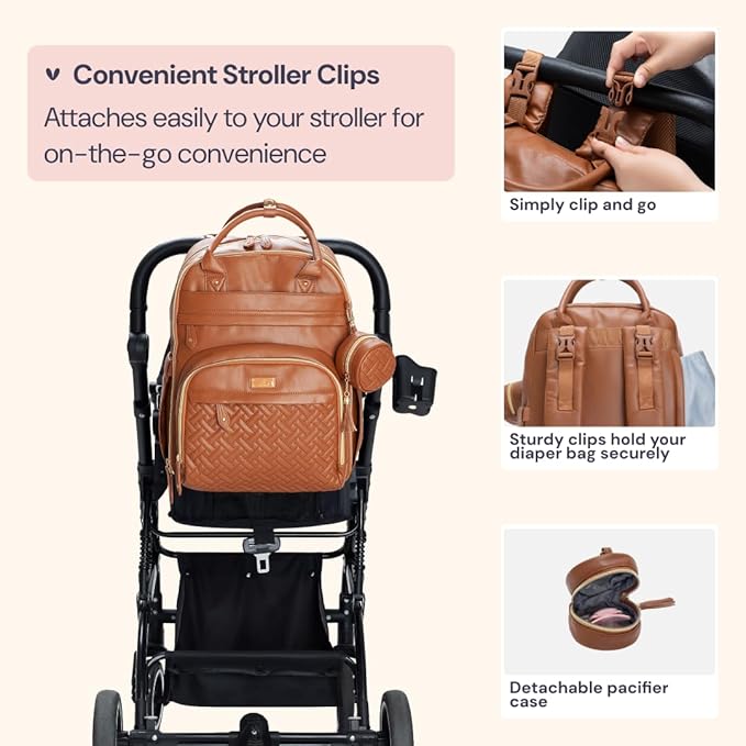 BabbleRoo Leather Diaper Bag Backpack - Baby Essentials Travel Baby Bag, Multi function, Water Resistant, with Changing Pad, Stroller Straps & Pacifier Case ??Unisex, Natural Brown