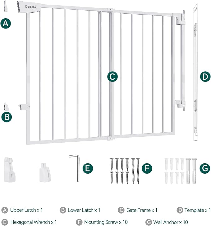 Babelio 34" Tall No Bottom Bar Baby/Dog Gate for Stairs, House and Doorways, 29.7-46.5" Auto Close Safety Pet Gates with Large Walk Thru Door, Hardware Mount, White