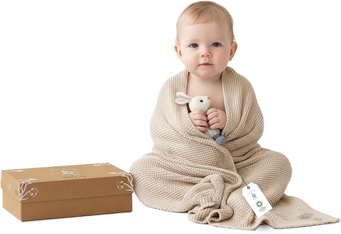 100% Organic Cotton Baby Knitted Blanket with Gift Box - Soft Toddler, Crib, Stroller Blanket - Neutral Swaddle and Receiving Blanket for Newborns, 30"x40", Color Earth Ivory
