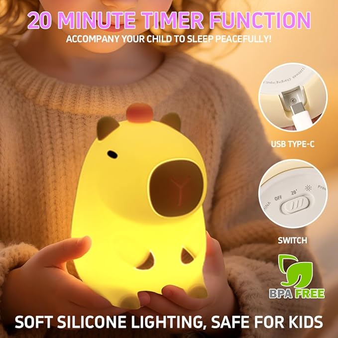 Cute Capybara Night Light, Squishy Animal LED Night Lamp Rechargeable, Novelty Nursery Lamp Nightlight for Kids, 2 Levels Dimmable Touch Lamp for Bedroom, Room Decor Gifts Stuff for Girls Boys