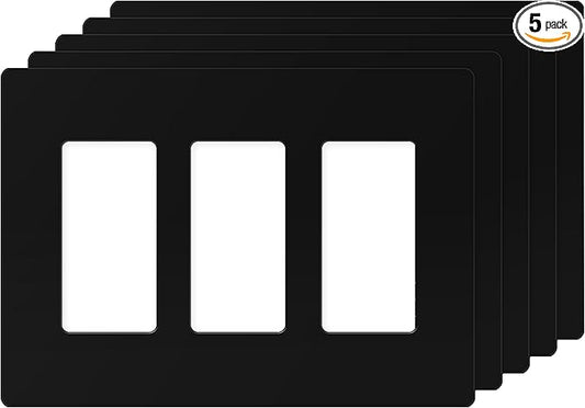 TG Screwless Decorator Wall Plates Child Safe Outlet Covers, Size 3-Gang 4.68" H x 6.53" L, Unbreakable Polycarbonate Thermoplastic, Black (5 Pack)