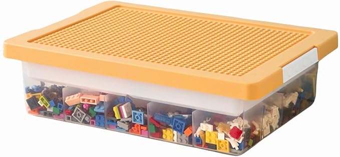 Toys Storage Organizer Box for Lego, Toy Storage Box with Building Plate Lid and Removable Tray, Building Block Storage, Stackable Plastic Organizer Bins(Yellow)