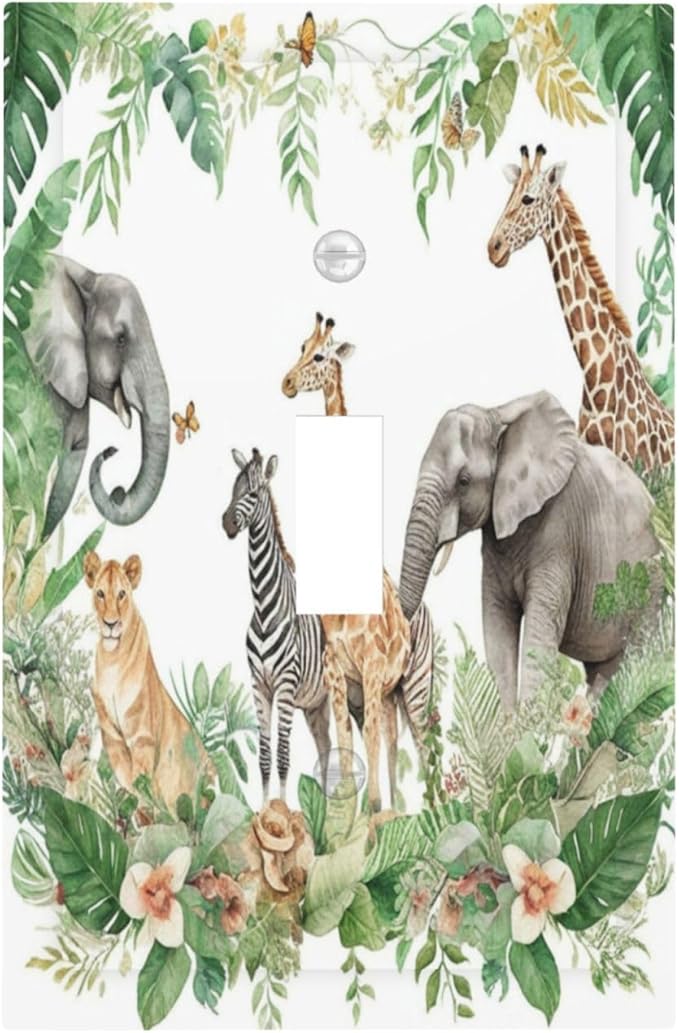 Tropical Leves Safari Animals Giraffe Elephant Zoo Decorative Light Switch Cover 1 Gang Single Toggle Device Electrical Faceplate Switchplates Decorator Outlet Wall Plate for Kids Room Nursery Decor