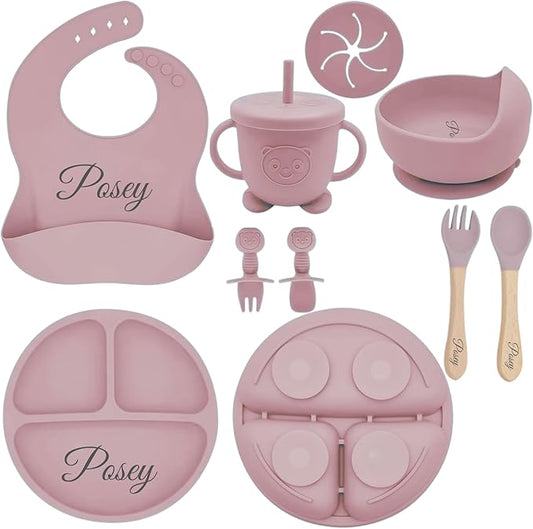 Personalized Silicone Baby Feeding Set with Engraved Name - Custom Baby Bib, Suction Plate, Bowl and Spoon - Silicone Weaning Set - Ideal First Birthday