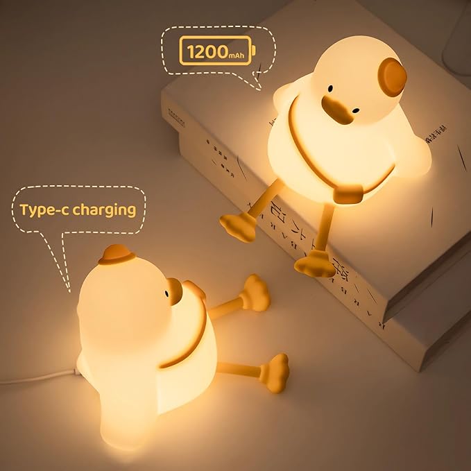 Relaxed Duck Night Light for Kids, 3-Level Dimmable USB Rechargeable Lamp with Timer, Soothing Animal Toy for Nursery Bedroom Dorm Decor, Gift for Boys Girls Teens Adults