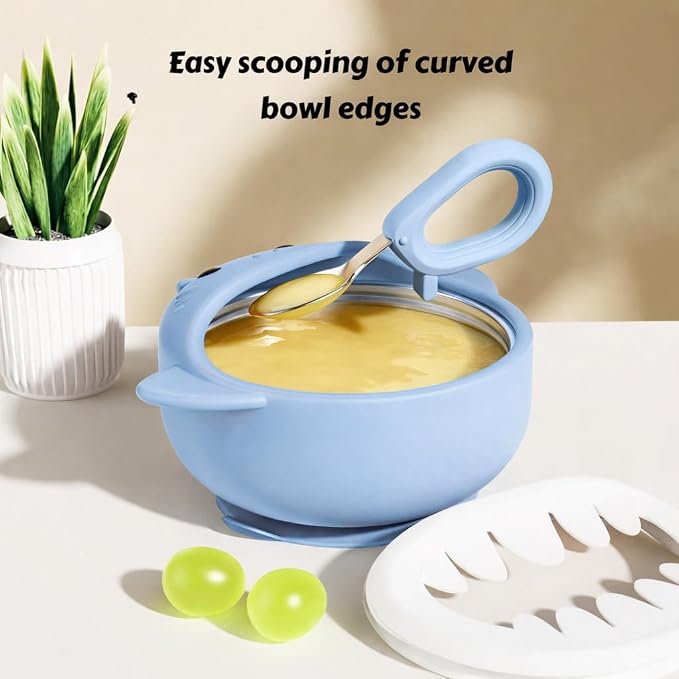 Silicone Suction Baby Bowl,Stainless Steel Insert,BPA-Free,Microwave & Dishwasher Safe,No-Spill Weaning Set with Spoon & Fork– Easy Clean,Self-Feeding Training for Toddlers (Baby Blue)
