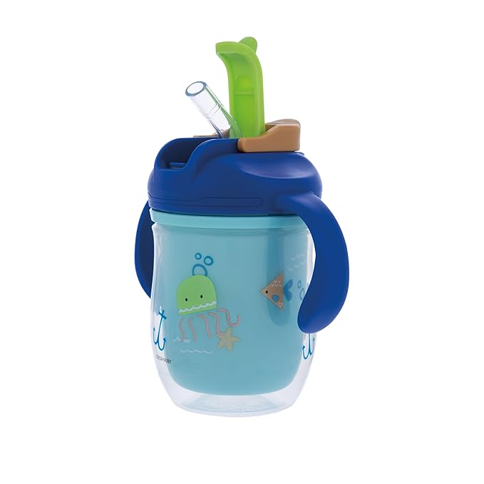 Nuby 2-in-1 Insulated Toddler Cup with 360° Weighted Straw & Hard Spout - 7 oz - Leak-Resistant with Easy Grip Handles - 4+ Months - Submarine