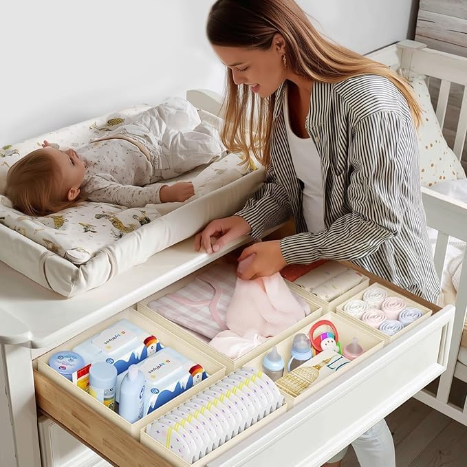 DIMJ Drawer Organizer Clothes 16 Pack - Foldable Baby Organizers and Storage & Dresser Organizer for Bedroom, Closet - Nursery Organization Dresser Dividers for underwear, Sock,Bra, Belt, Tie, Beige