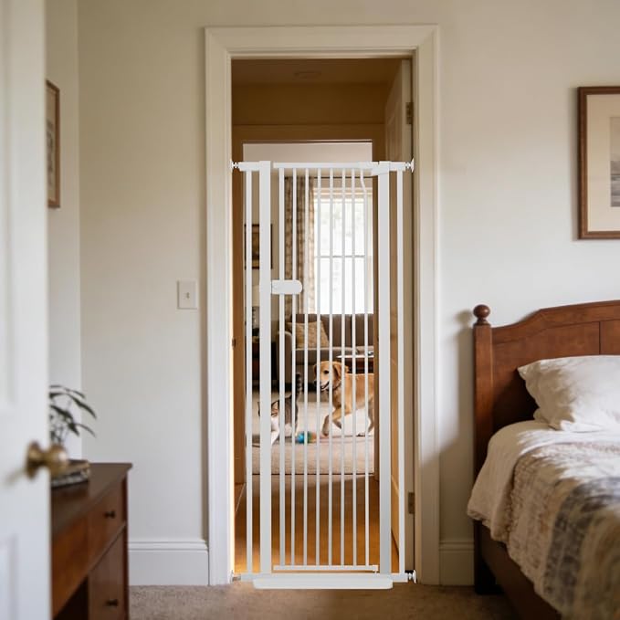Lumizone Extra Tall Cat Gate 61.02" High Pressure Mounted 26.18"-29.91" Extra Wide 1.37" Gap No Drilling Auto-Close One-Handed Operation Tall Pet Gate for Dogs(White, 61.02" H x 26.18"-29.91" W)