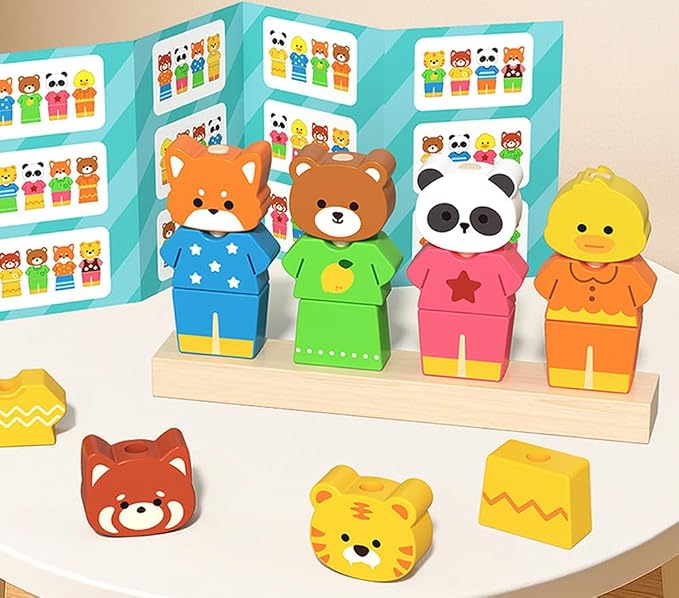 Wooden Animal Dress Up Peg Stacking Toy, Mix & Match Outfit Matching Game with Guide Cards