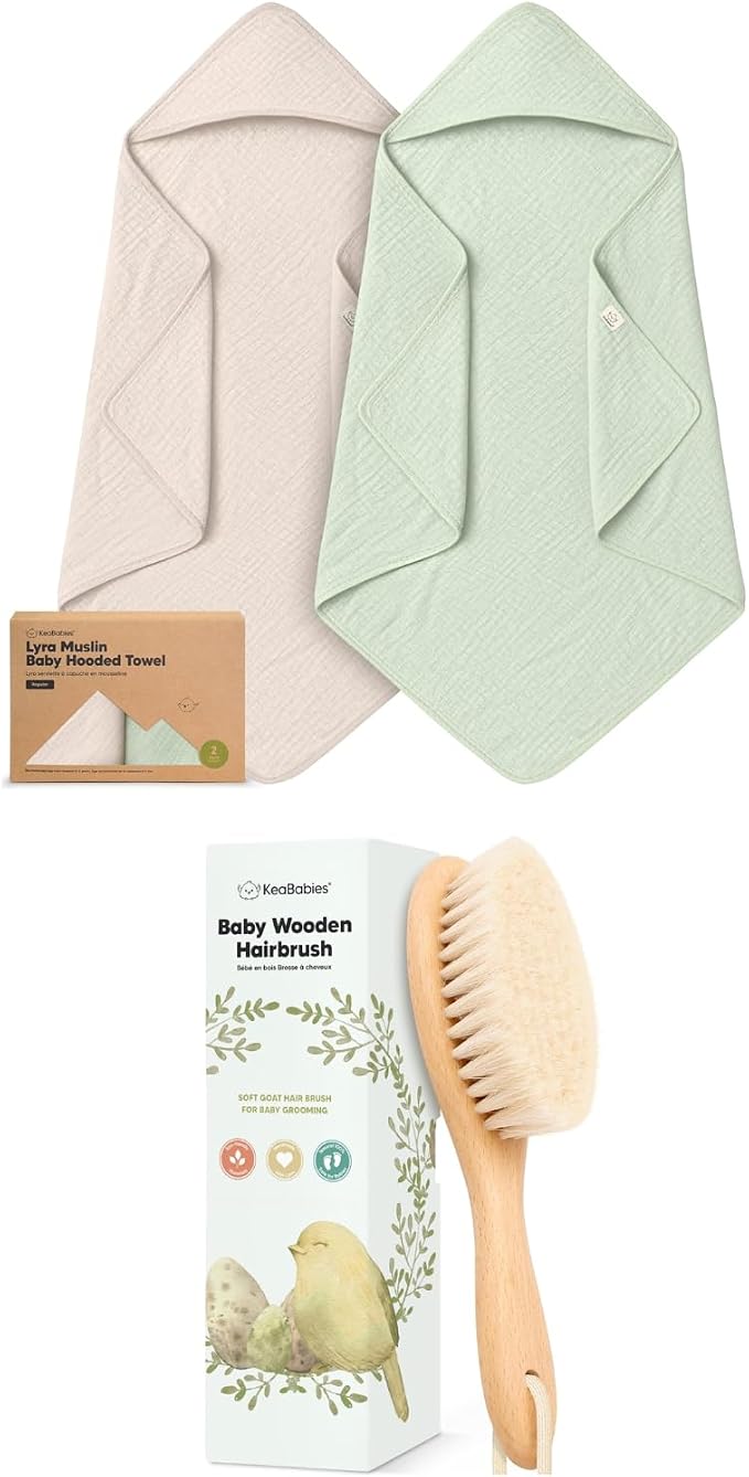 KeaBabies 2-Pack Muslin Baby Bath Towels with Hood for Girls, Boys and Baby Hair Brush - 100% Cotton Hooded Bath Towel, Soft & Absorbent for Toddlers, Baby Brush with Soft Goat Bristles