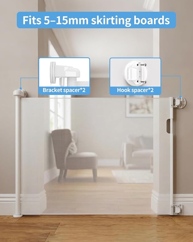 2-Pack Retractable Baby Gate for Stairs-33”Height, Expands up to 55”Width-Safety Gate for Infants, Toddlers, Dogs & Pets-Easy Install, Secure Closure, White Mesh Design for Indoor & Outdoor Use