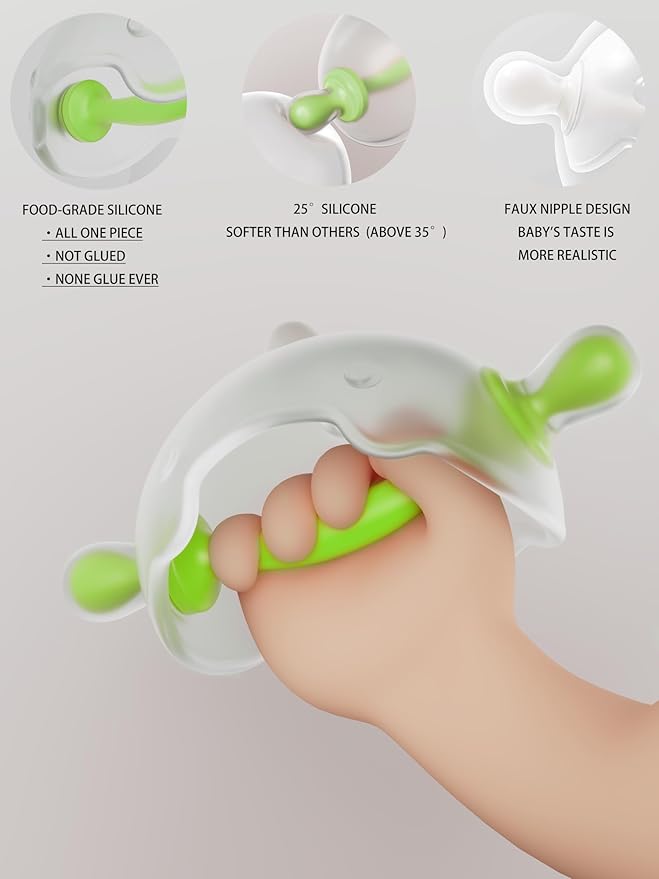 Baby Teething Toy for 0-6 Months ??One-Piece Liquid Silicone Teether, Easy-Grip Dinosaur for Soothing Gums, No Glue No Gaps, Lint-Resistant, Dishwasher Safe with Travel Case(Olive White)