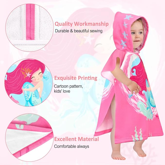 HUANLANG Kids Hooded Beach Towel for Boys Girls,Bath Pool Beach Poncho Towels Super Soft & Absorbent Cotton Towel Childrens Mermaid Beach Towels for Toddler 0-7 Years Old