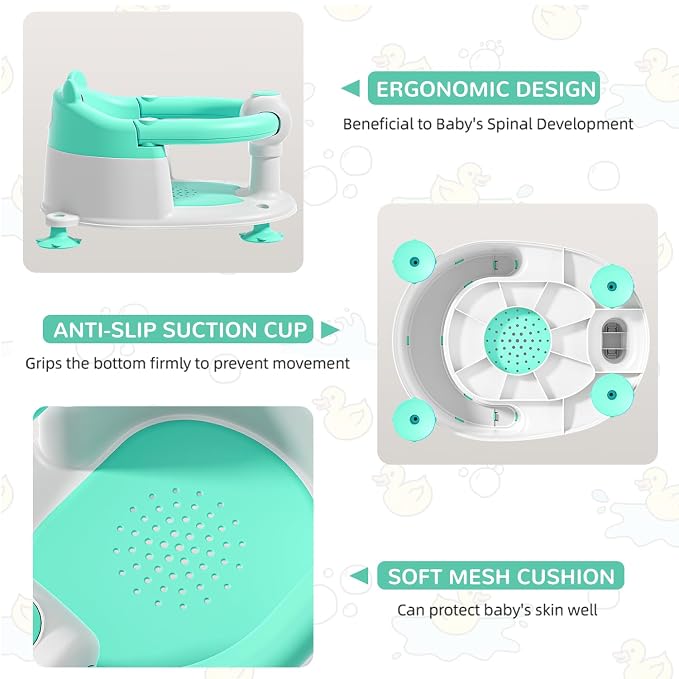 Baby Bath Seat for Babies 5-10 Months, Non-Slip Toddler Bath Seats for Babies Sitting Up, Safe Infant & Newborn Bathtub Chair with 4 Suction Cups & Soft Cushion for Shower,Mint
